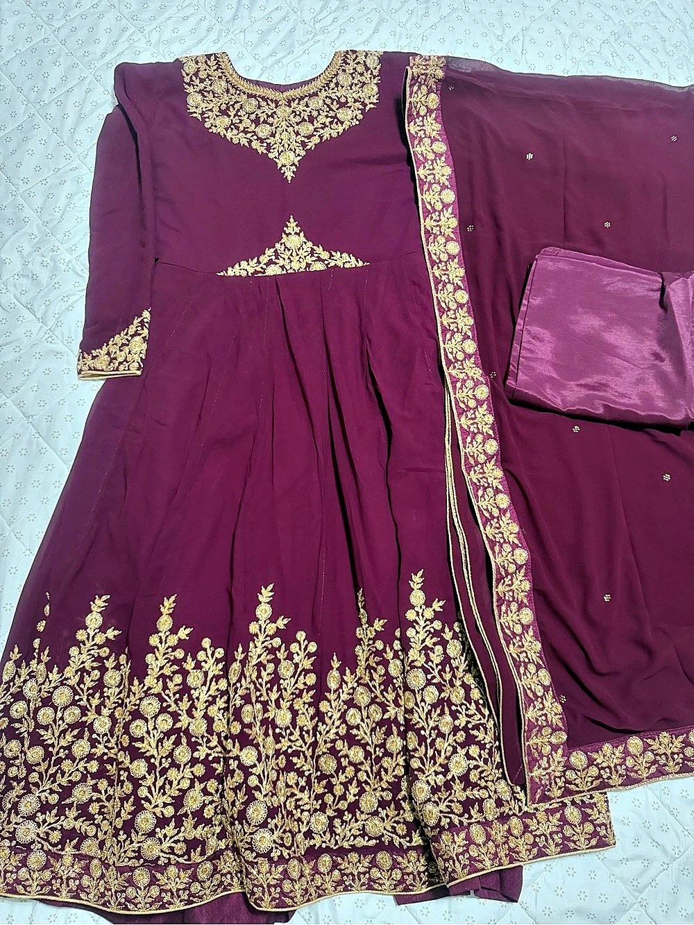 Embroidered three piece Dress set in Purple
